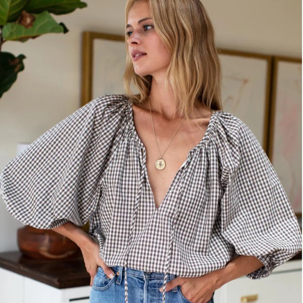 Emerson Fry Brown and White Gingham Puff-Sleeve Blouse